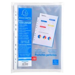 Exacompta sachet de 50 pochettes perforées polypropylène lisse 6/100e – a4 – cristal