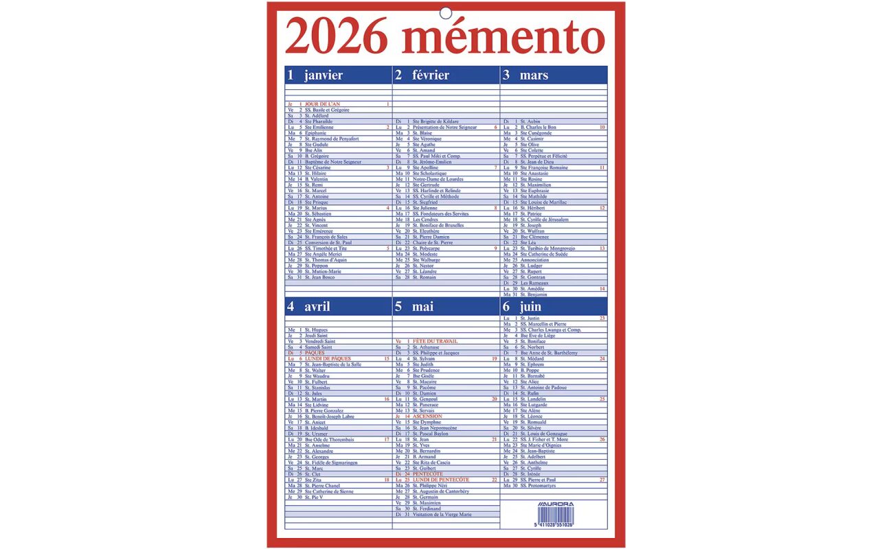 Calendrier aurora memento 10 2025