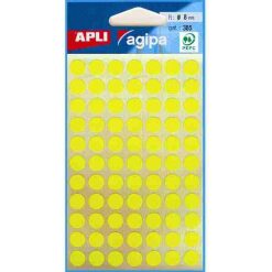 Apli étiquettes rondes en pochette diamètre 8 mm, jaune fluo, 385 pièces, 77 par feuille