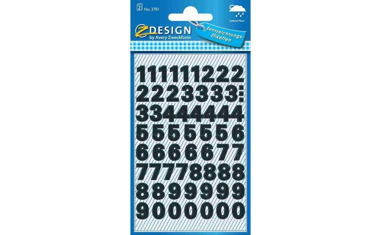 Avery etiquettes chiffres et lettres 0-9, 2 feuilles, noir, film résistant aux intempéries