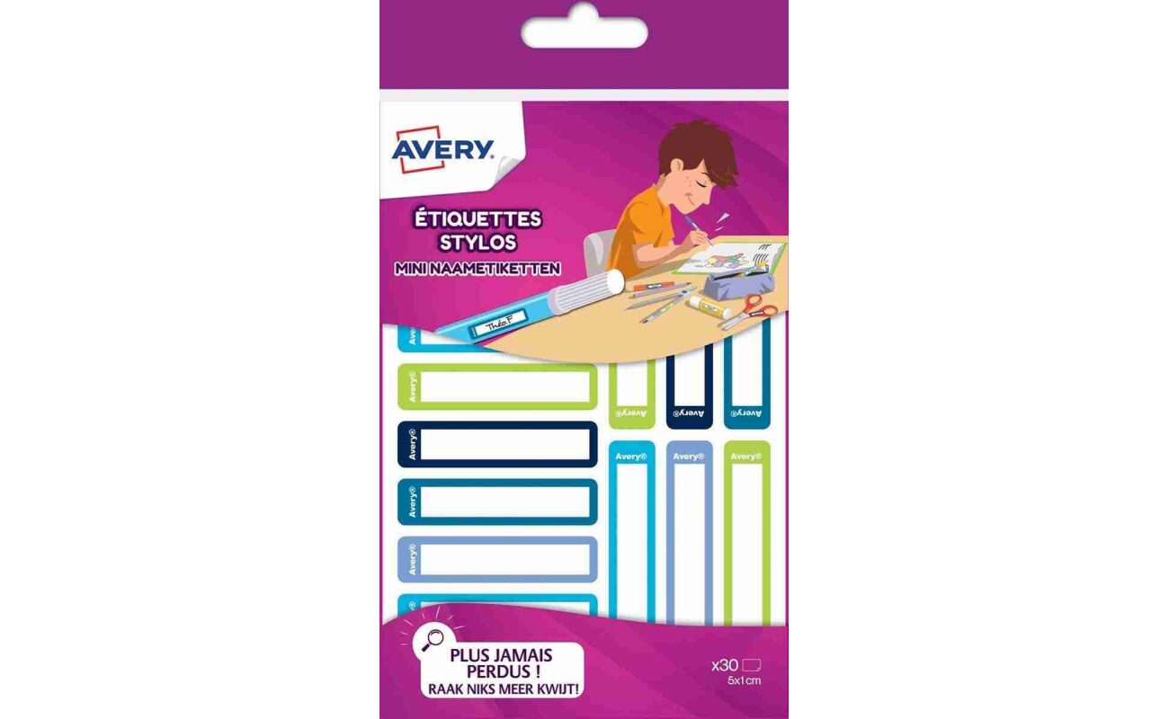 Avery family étiquettes stylos, ft 5 x 1 cm, bleu/vert, sachet avec 30 étiquettes