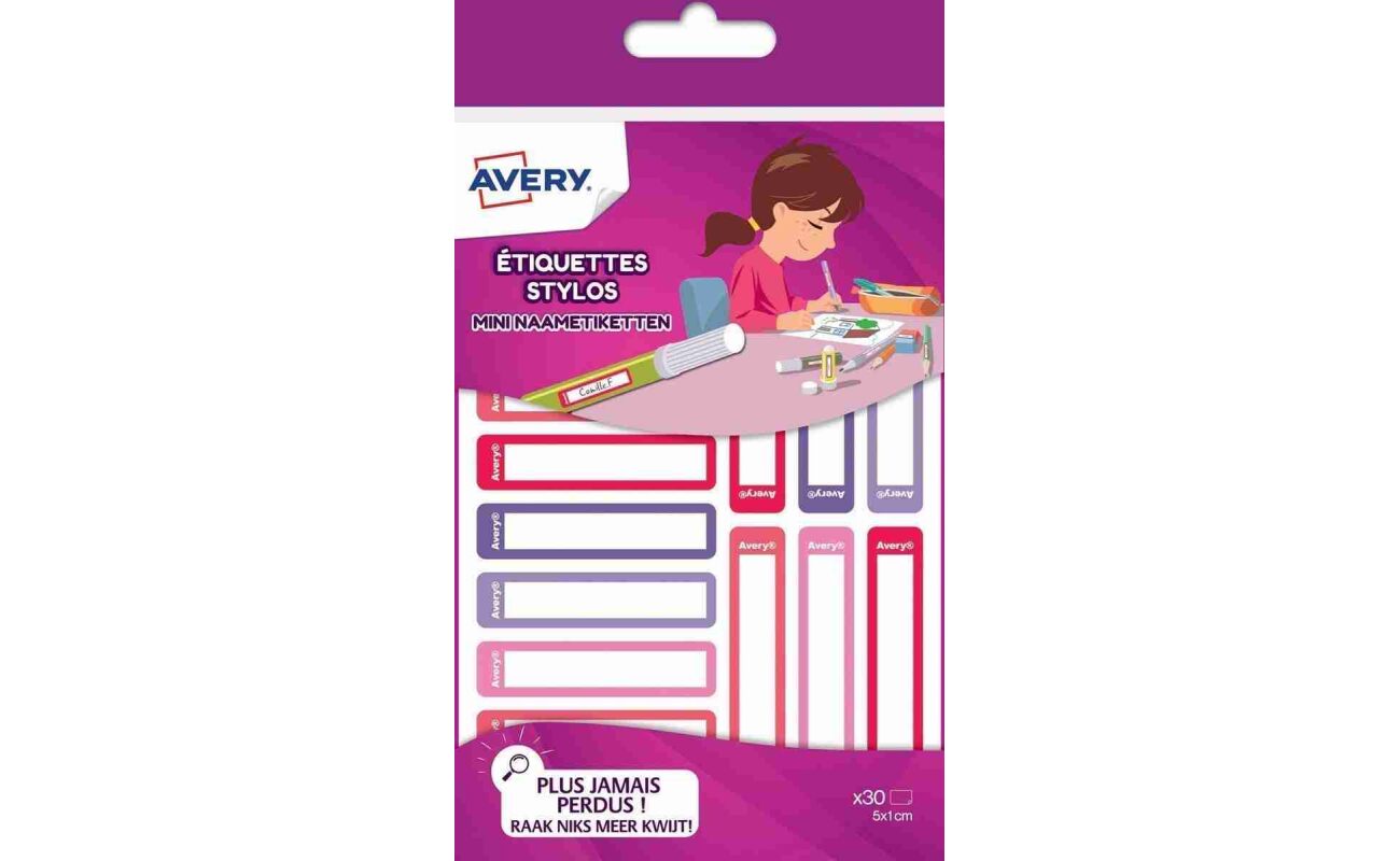 Avery family étiquettes stylos, ft 5 x 1 cm, rose/violet, sachet avec 30 étiquettes