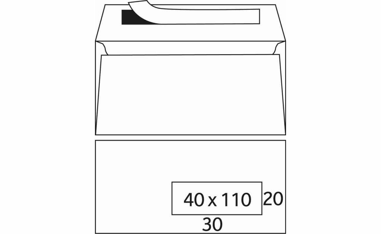 Witte envelop 114 x 229 mm met strook met venster rechts / à l'unité
