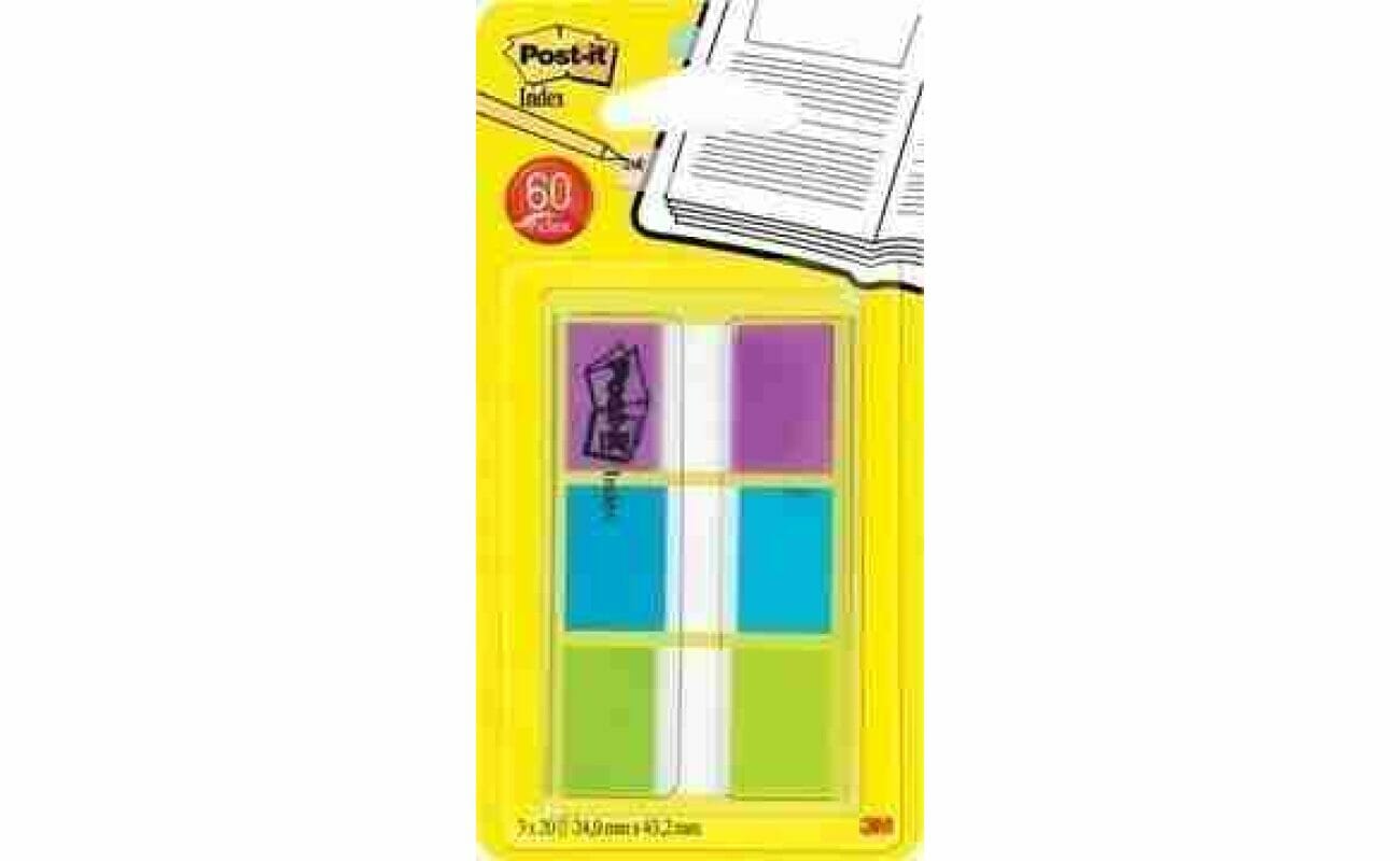 Post-it index standaard, ft 25,4 x 43,2 mm, blisterverpakking met 3 kleuren, 20 markers per kleur