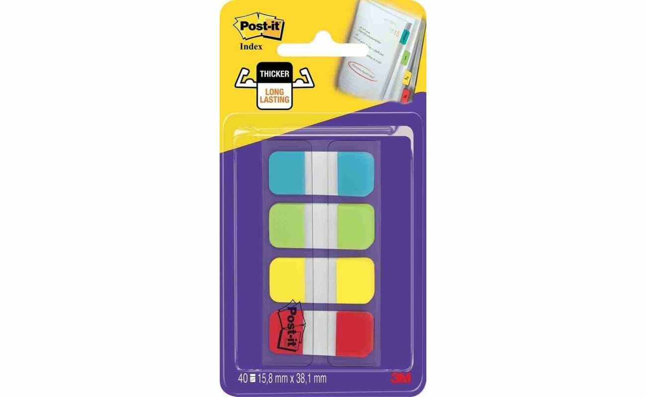 Post-it index strong, ft 15,8 x 38,1 mm, blister avec 4 couleurs, 10 tabs par couleur