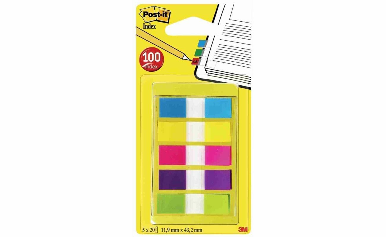 Post-it index small, ft 12 x 43 mm, blister avec 5 couleurs, 20 cavaliers par couleur