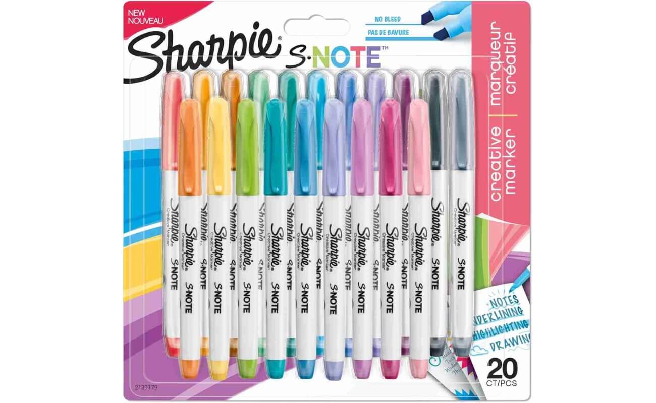 Sharpie s-note marqueur, pointe biseautée, blister de 20 pièces, assorti