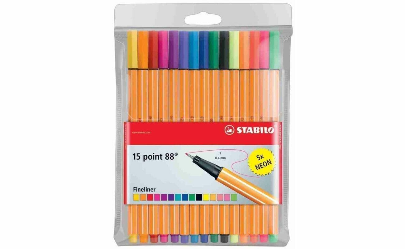 Stabilo fineliner point 88, étui de 15 pièces en couleurs assorties