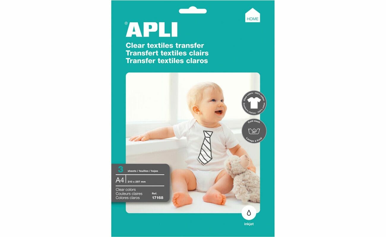 Apli t-shirt transfer paper pour textile blanc ou clair, paquet de 3 feuilles