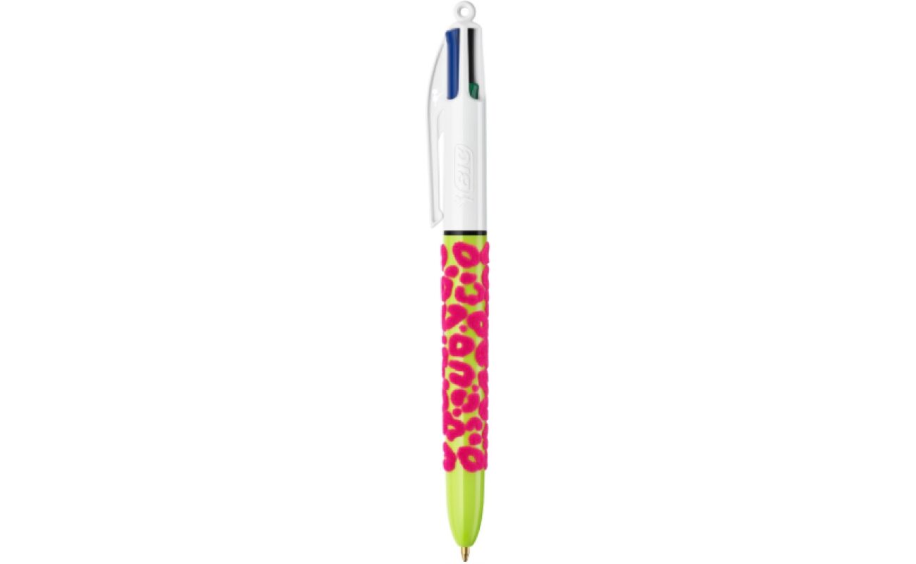 Stylo bille bic 4 couleurs velours – modèle léopard rose & vert