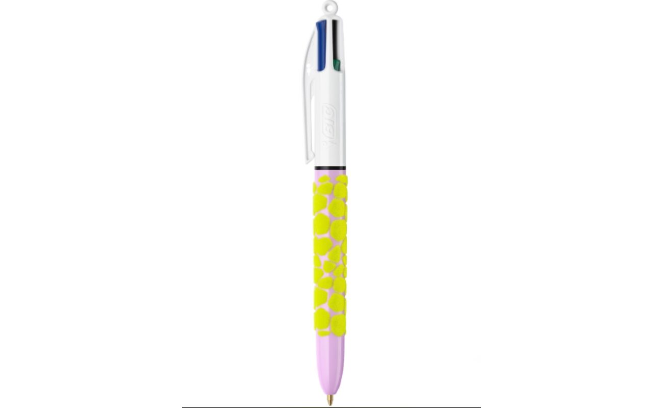 Stylo bille bic 4 couleurs velours – modèle girafe mauve & jaune