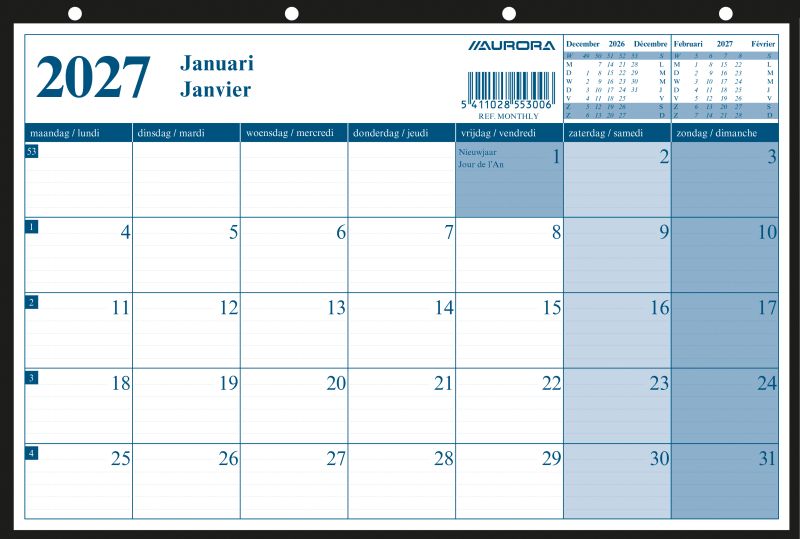 Calendrier Mensuel Mural Aurora 2027 – Format A4 (29 x 21 cm)